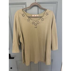 Quaker Factory‎ by Jeanne Bice Blouse Rhinestone 3/4 Sleeve Green Yellow 2X